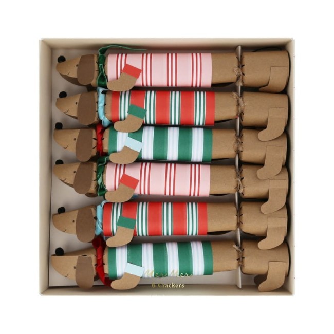 Zabawka bożonarodzeniowa Meri Meri Christmas Festive Stripe Sausage Dog z niespodzianką