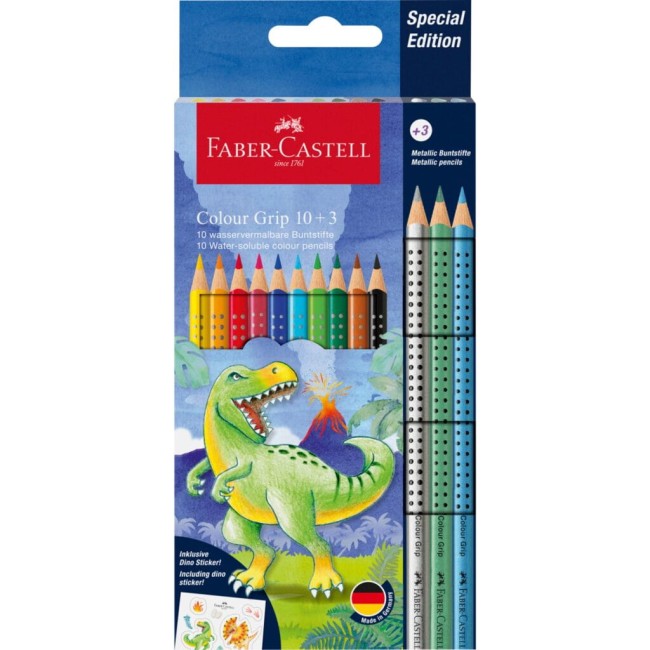 Faber Castell kredki ołówkowe Grip dinozaury + kredki metaliczne + naklejki 10 kolorów + 3 kolory