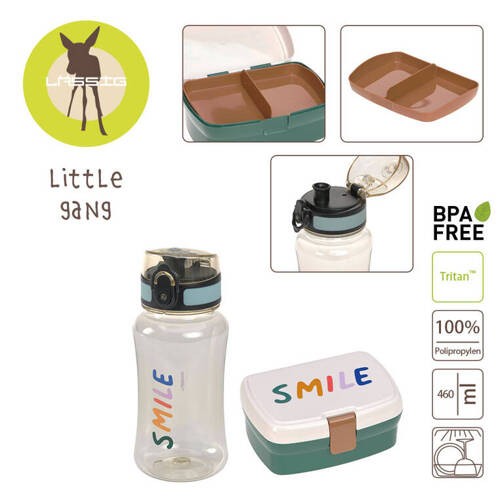 Zestaw na lunch Lassig Lunchbox + Tritanowa butelka bidon 460 ml Little Gang Smile milky/ocean green