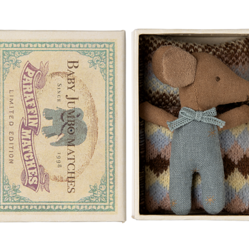 Maileg Myszka sleepy wakey baby mouse in matchbox Blue