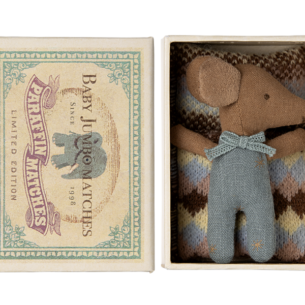 Maileg Myszka sleepy wakey baby mouse in matchbox Blue