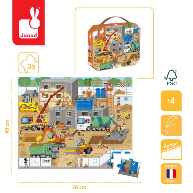 Puzzle w walizce Janod Plac budowy 36 elementów 4+