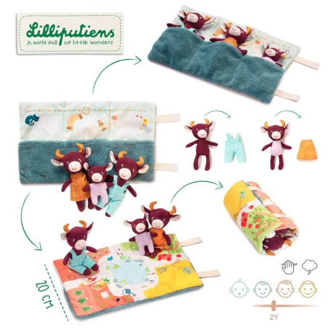 Lilliputiens Mini przytulanki rodzina krówek z rozkładaną matą Krówka Rosalie