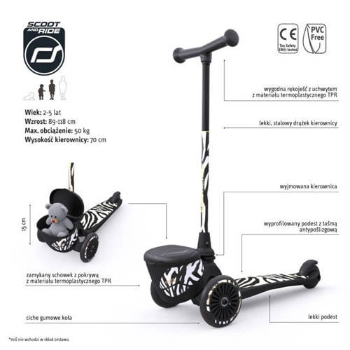 SCOOTANDRIDE Highwaykick 2 Lifestyle Hulajnoga trójkołowa balansowa z zamykanym schowkiem 2+ Zebra