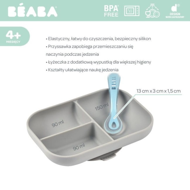 Beaba Komplet naczyń z silikonu trójdzielny talerz z przyssawką + łyżeczka Grey