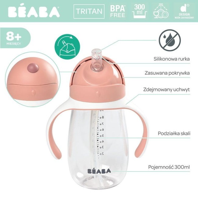 Beaba Butelka - kubek niekapek tritanowa ze słomką 300 ml old pink 6490