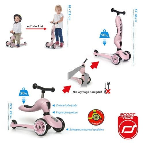 SCOOTANDRIDE Highwaykick Rose - 2w1 - Jeździk i hulajnoga - 1-5 lat