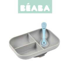 Beaba Komplet naczyń z silikonu trójdzielny talerz z przyssawką + łyżeczka Grey