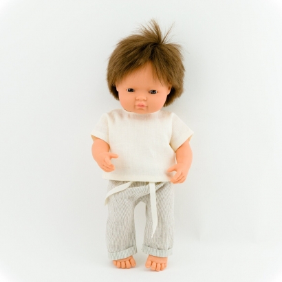 Przytullale Ubranko dla lalki Miniland 38 cm kremowa bluzeczka i spodnie lniane w paski